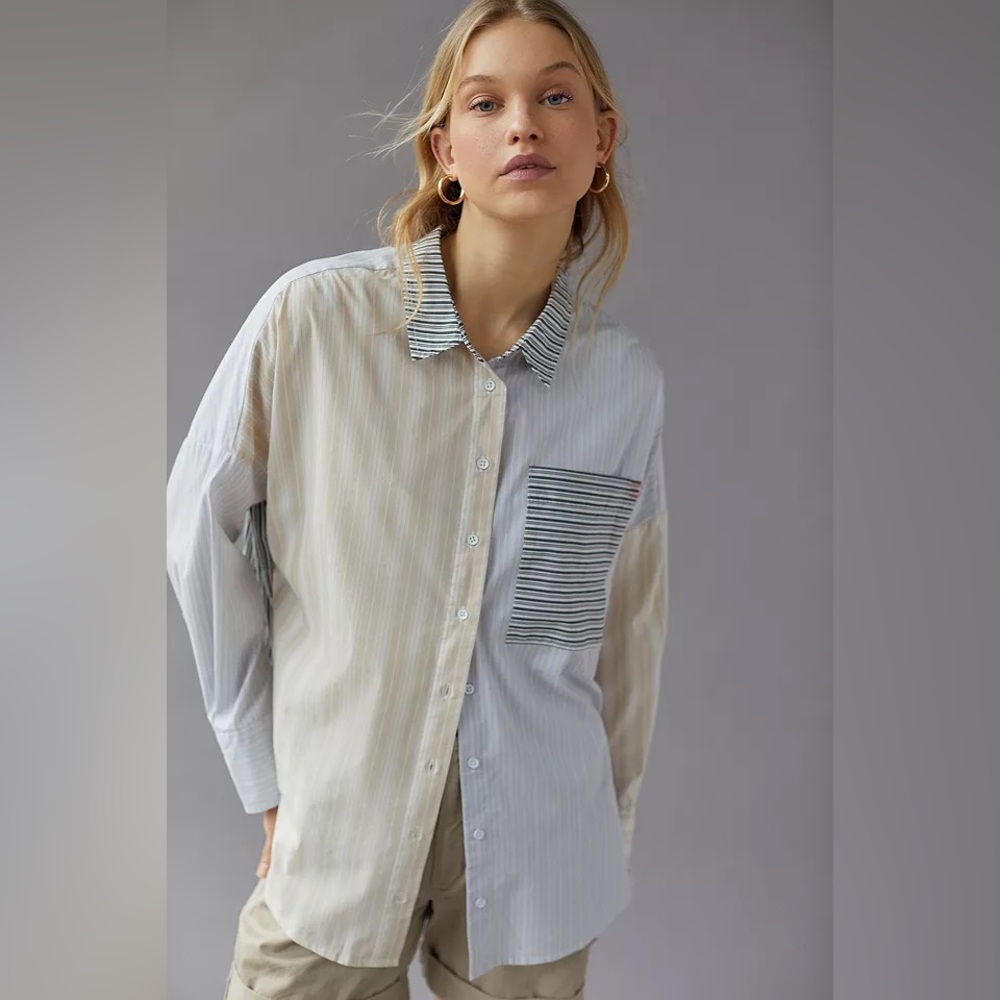 Relaxed Two-Tone Striped Button-Up Shirt - White/Beige
